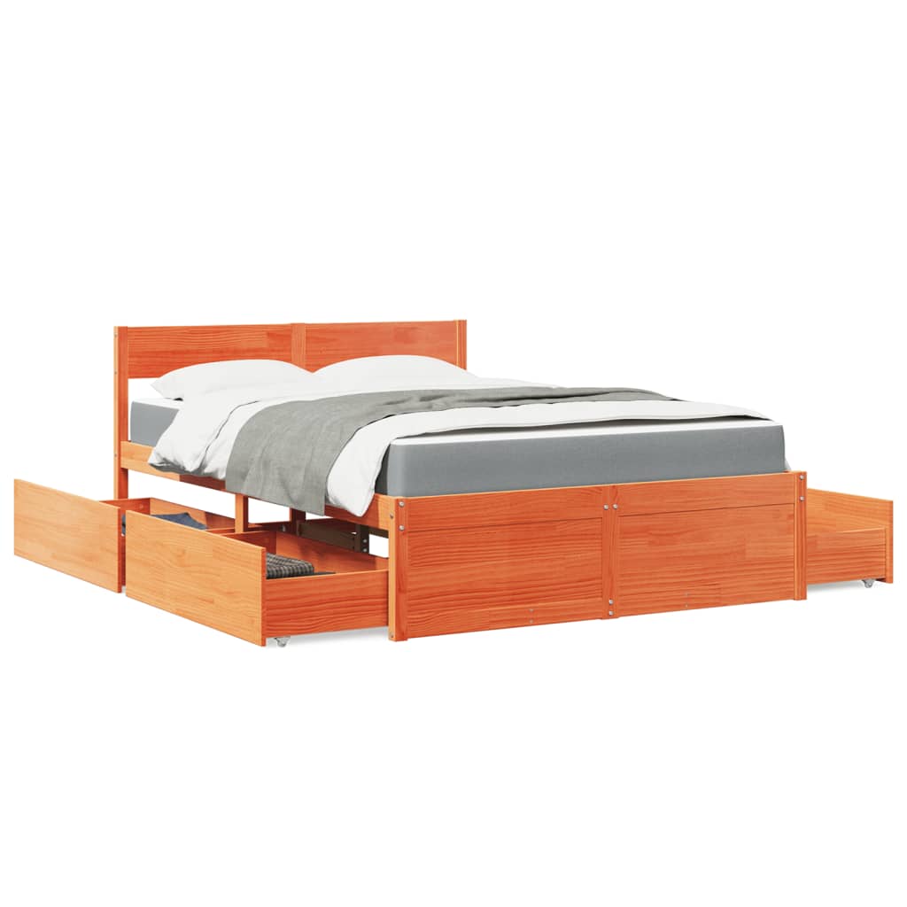 Bett mit Schubladen und Matratze 200x200 cm Massivholz Kiefer