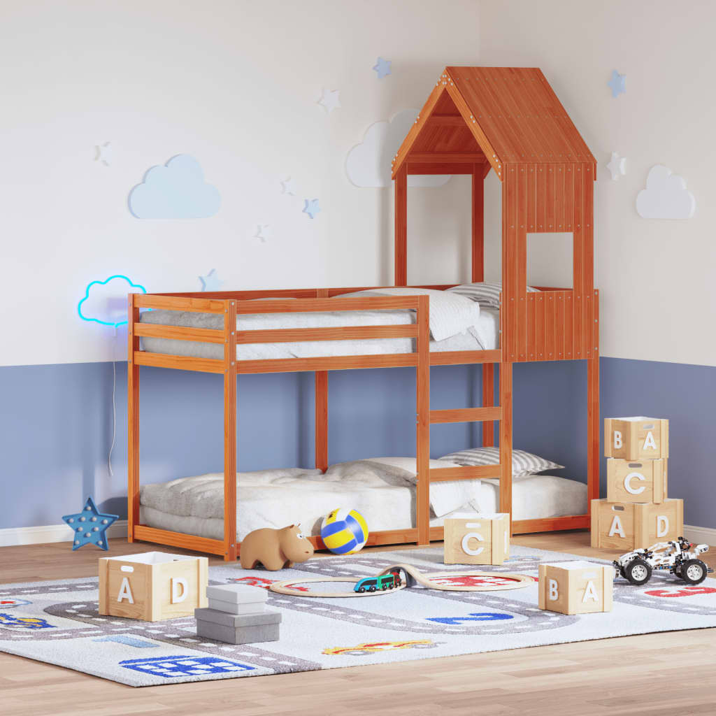 Etagenbett mit Dach Wachsbraun 90x200 cm Massivholz Kiefer