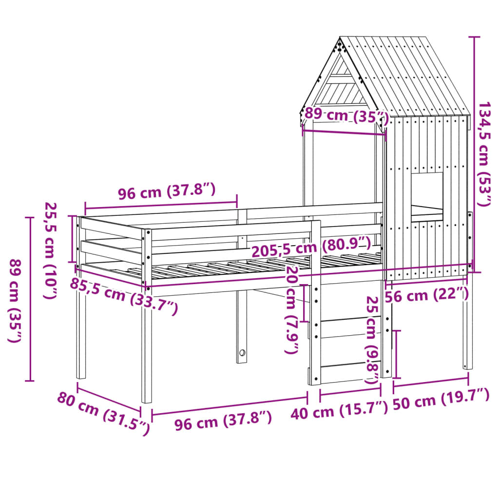 Hochbett mit Dach 80x200 cm Massivholz Kiefer