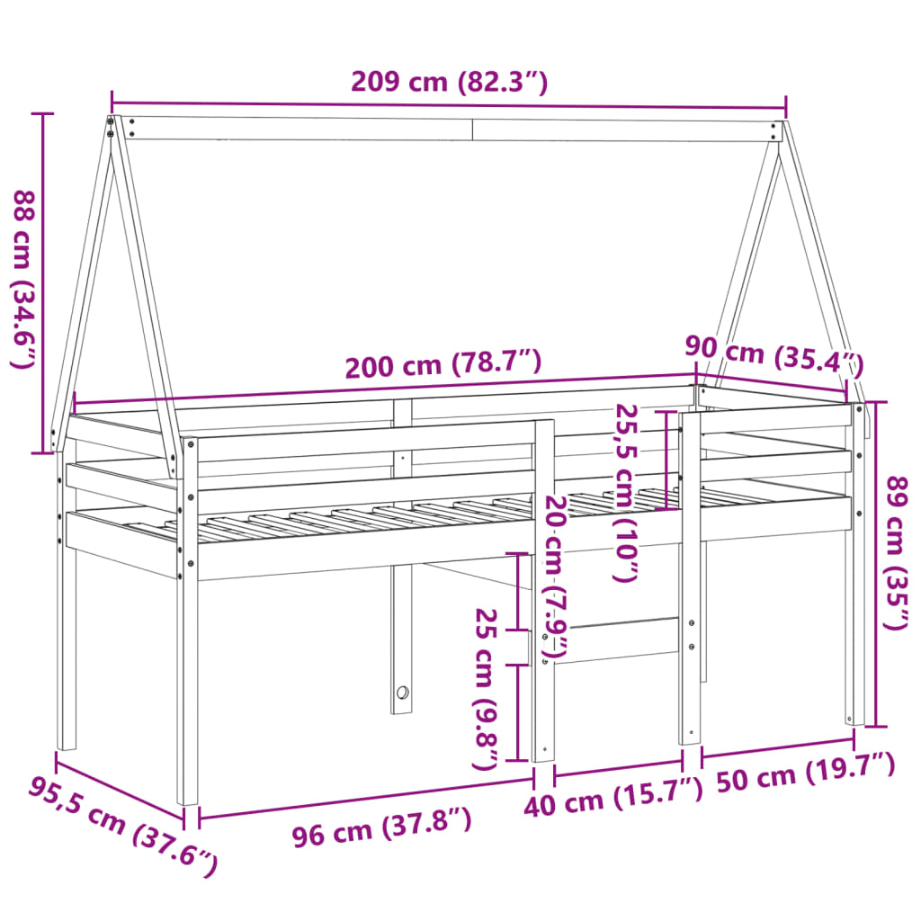 Hochbett mit Dach 90x200 cm Massivholz Kiefer