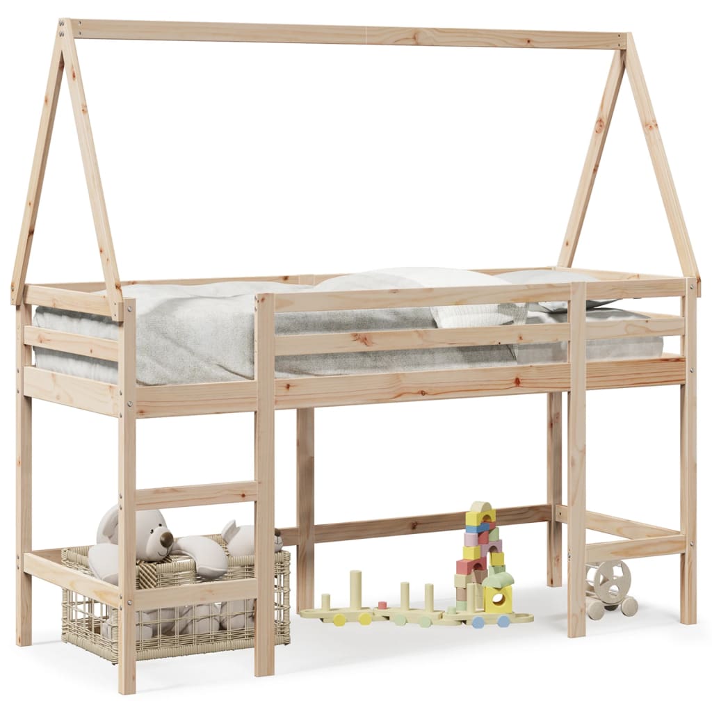 Hochbett mit Leiter und Dach 90x200 cm Massivholz Kiefer
