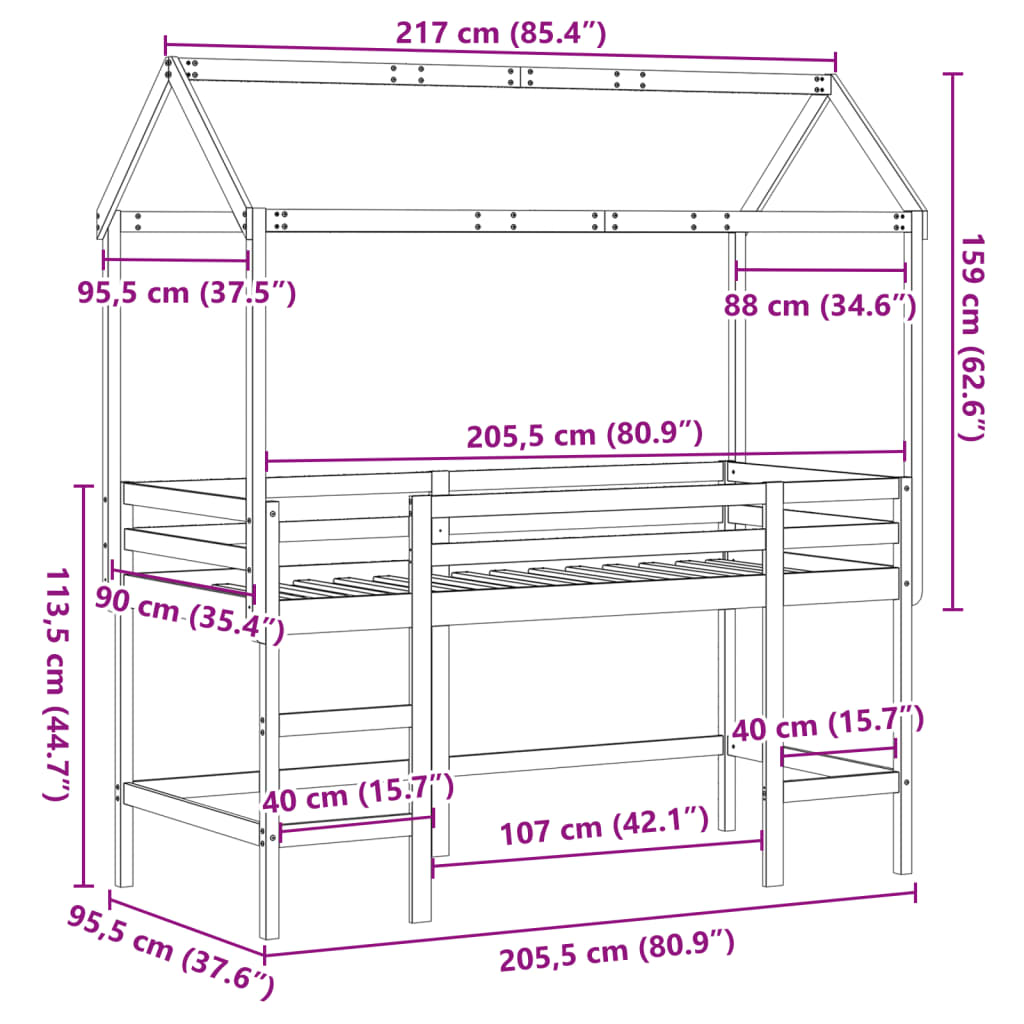 Hochbett mit Leiter und Dach 90x200 cm Massivholz Kiefer