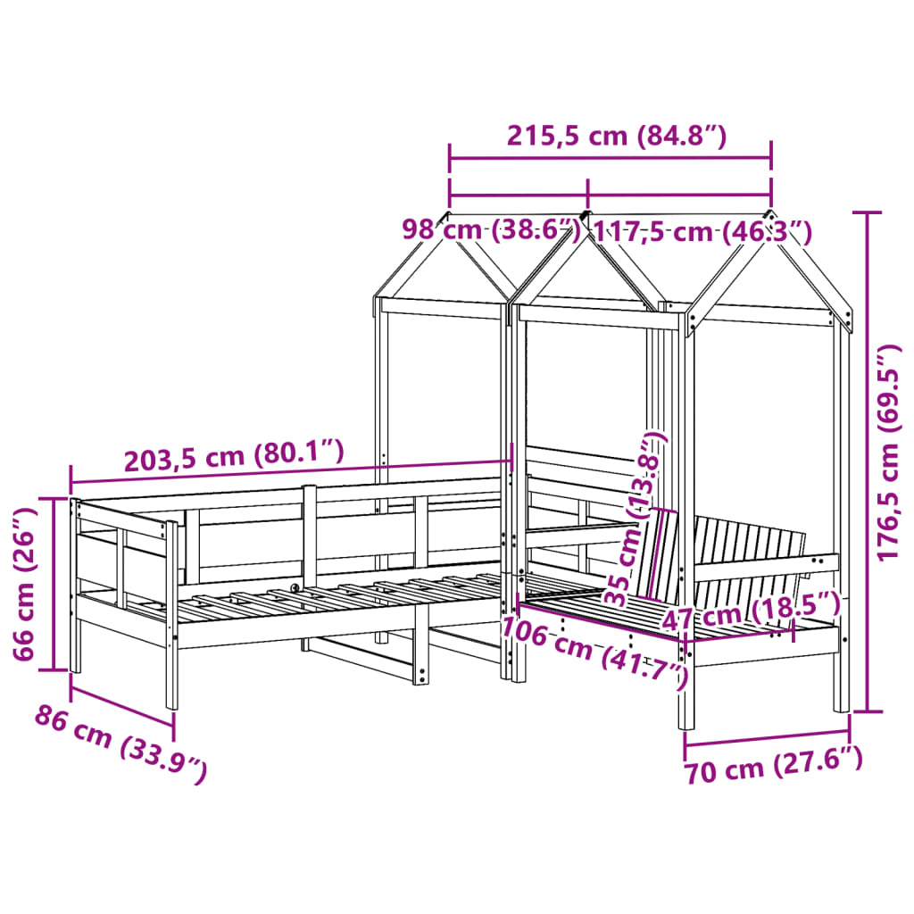 vidaXL Tagesbett und Bank mit Dach Weiß 80x200 cm Kiefernholz