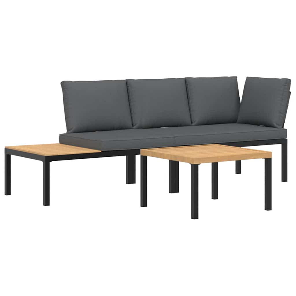 3-tlg. Garten-Sofagarnitur mit Kissen Schwarz Aluminium
