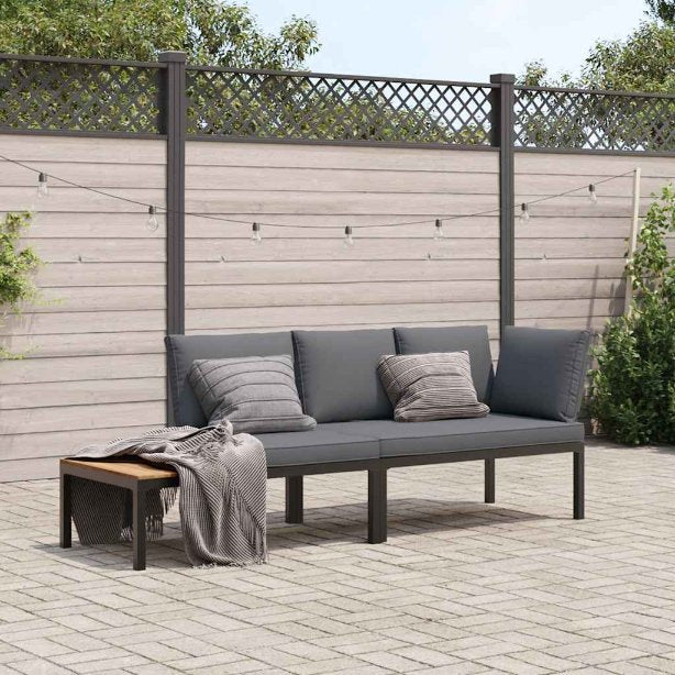 3-tlg. Garten-Sofagarnitur mit Kissen Schwarz Aluminium