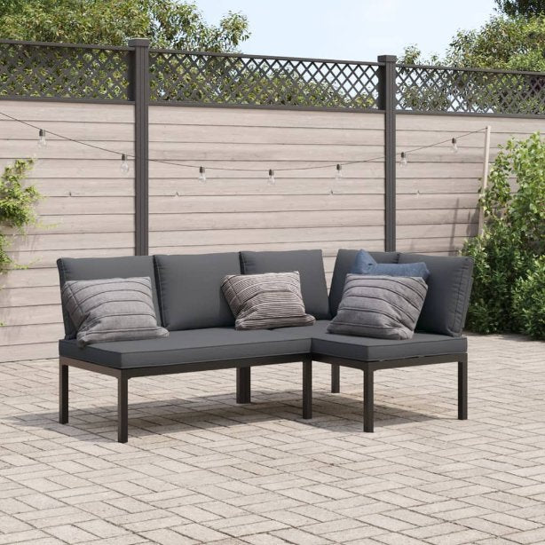 3-tlg. Garten-Sofagarnitur mit Kissen Schwarz Aluminium