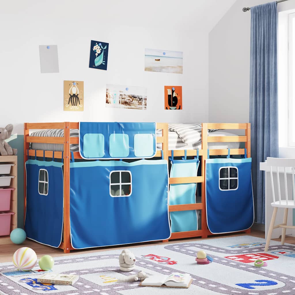 Etagenbett mit Vorhängen Weiß & Schwarz 90x190 cm Kiefernholz