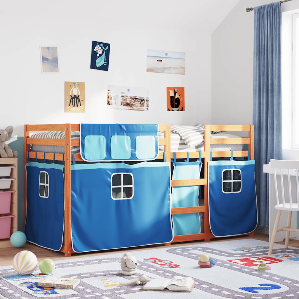 Etagenbett mit Vorhängen Weiß Schwarz 90x200 cm Kiefernholz