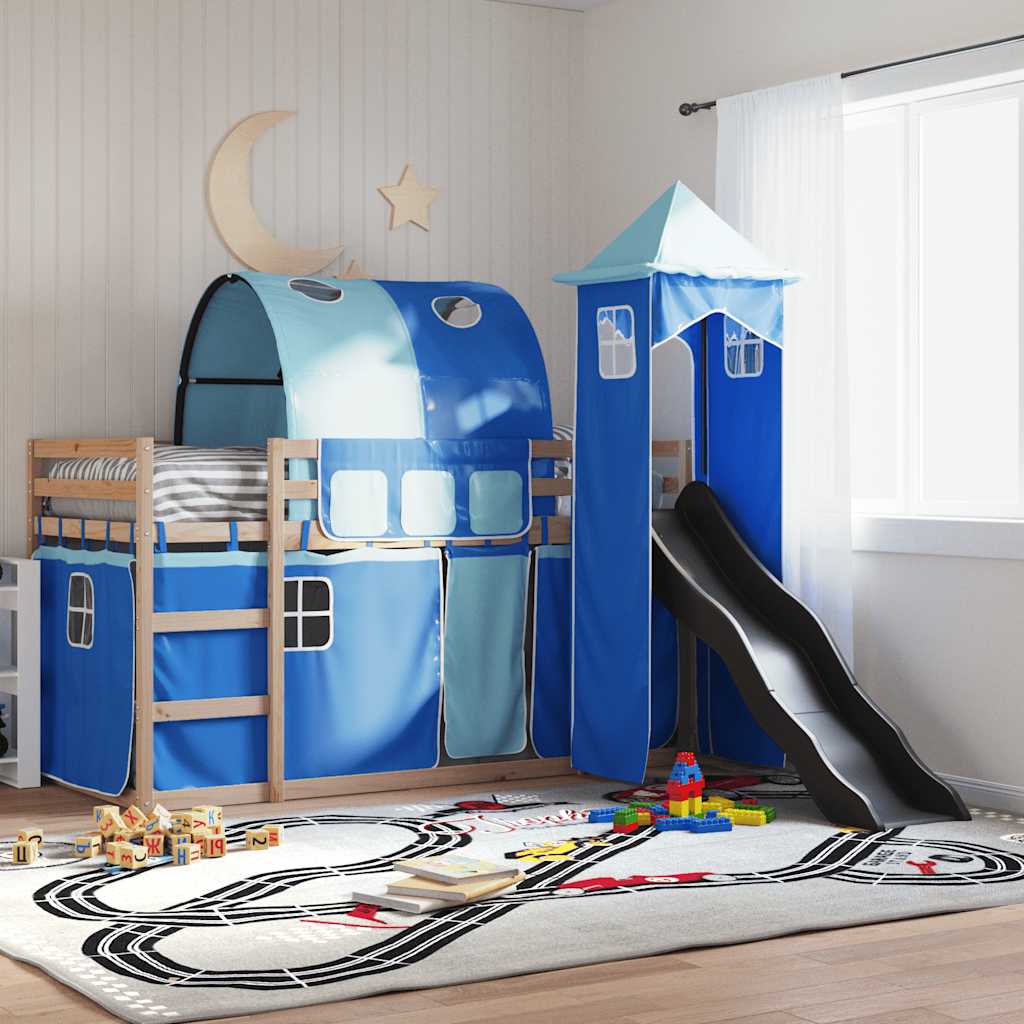 Etagenbett mit Rutsche und Gardinen Weiß und Schwarz 90x200 cm