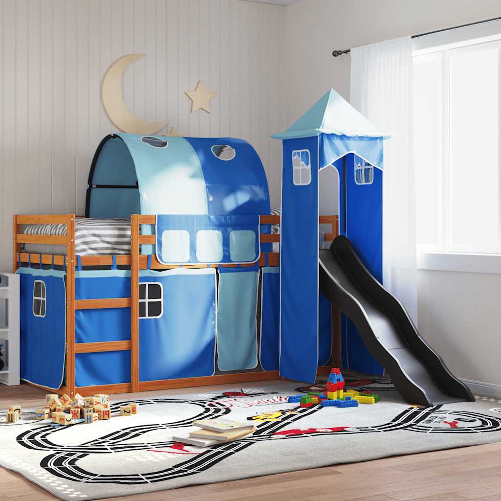 Etagenbett mit Rutsche und Gardinen Weiß und Schwarz 90x200 cm