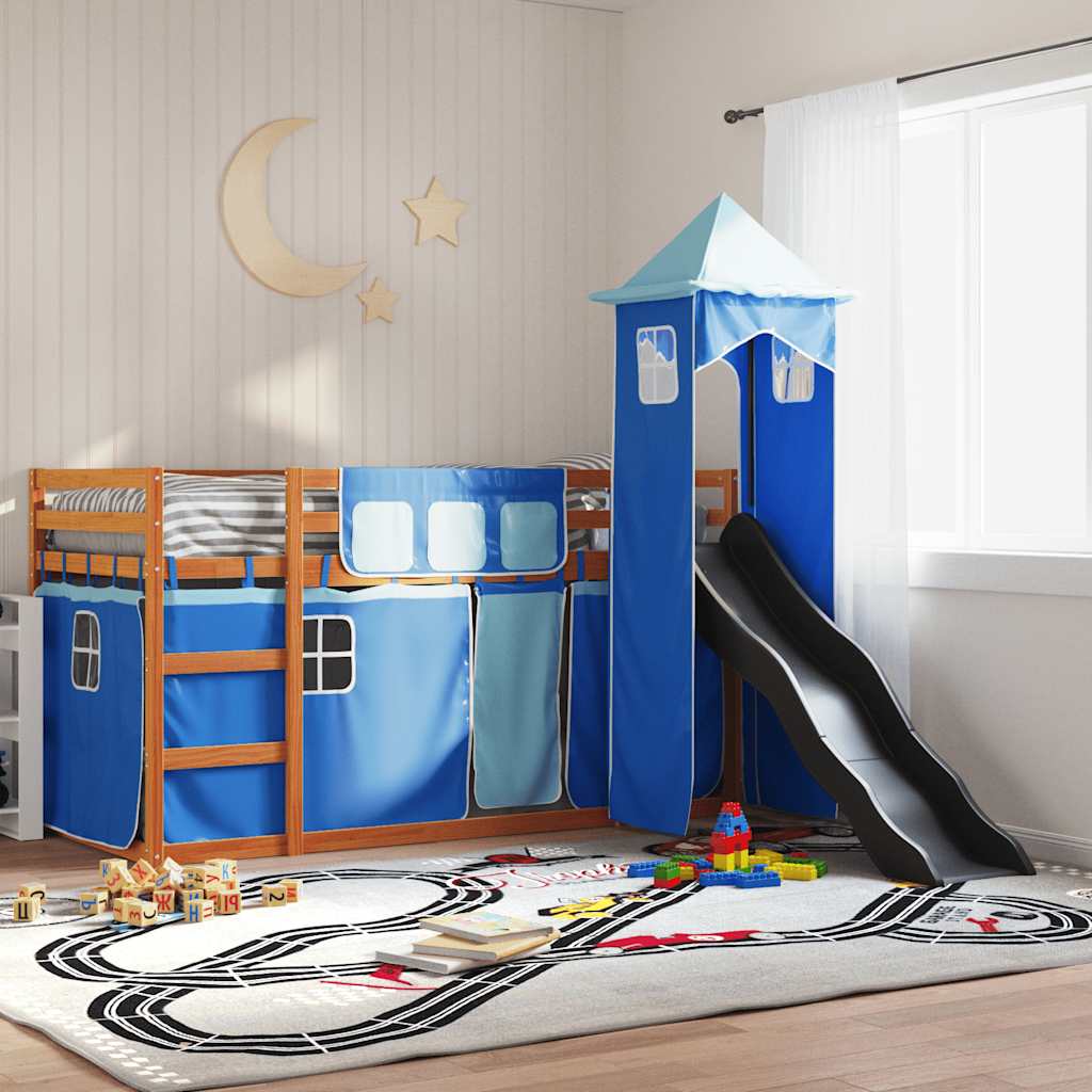 Etagenbett mit Rutsche und Gardinen Weiß und Schwarz 90x200 cm