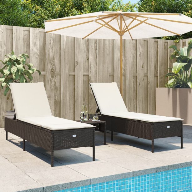 vidaXL 3-tlg. Sonnenliegen-Set mit Auflage Schwarz Poly-Rattan