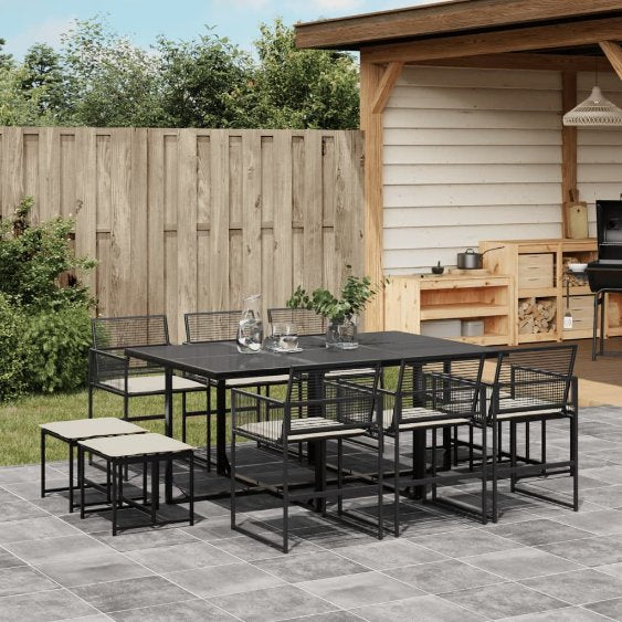9-tlg. Garten-Essgruppe mit Kissen Schwarz Poly Rattan