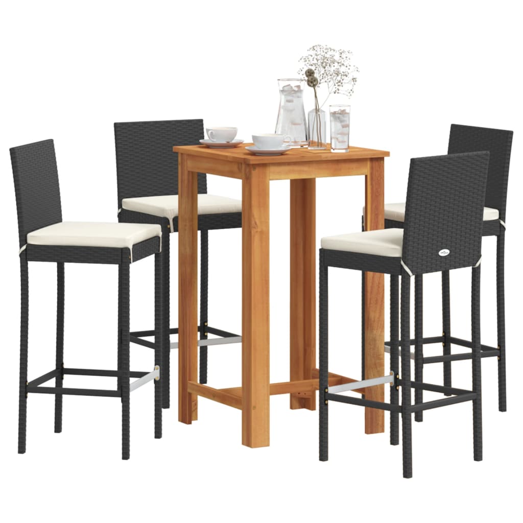 3-tlg. Gartenbar-Set Schwarz Massivholz Akazie und Poly Rattan