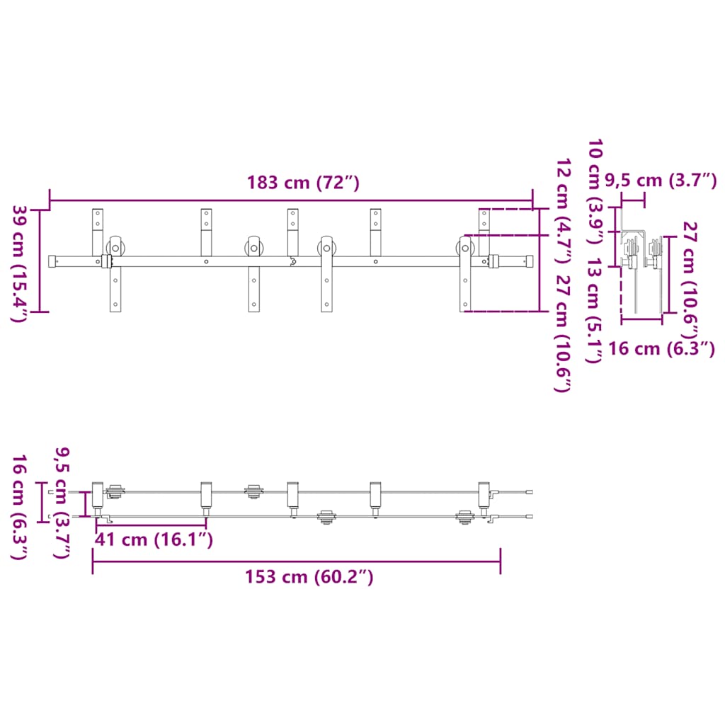 vidaXL Schiebetürbeschlag-Set 183 cm Stahl Schwarz
