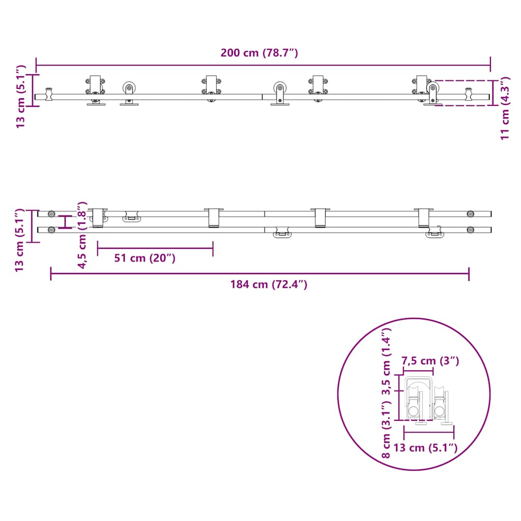 vidaXL Schiebetür-Beschlagsatz 200 cm Edelstahl Silbern