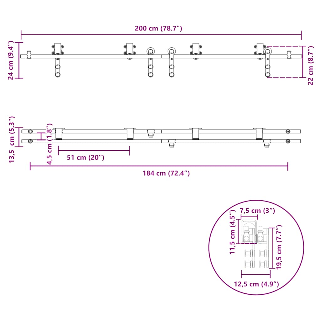 vidaXL Schiebetür-Beschlagsatz 200 cm Edelstahl Silbern