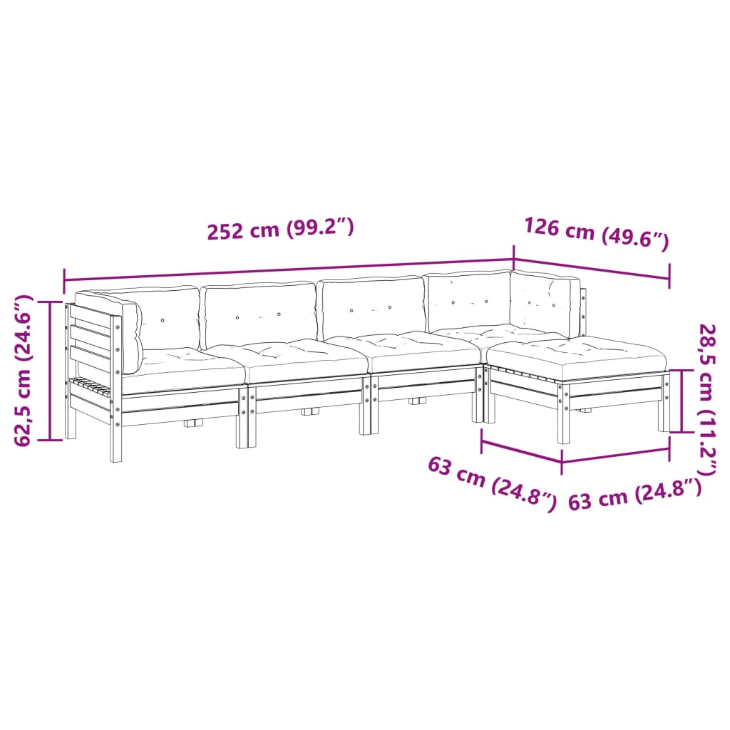 5-tlg. Garten-Sofagarnitur mit Kissen Wachsbraun Kiefernholz