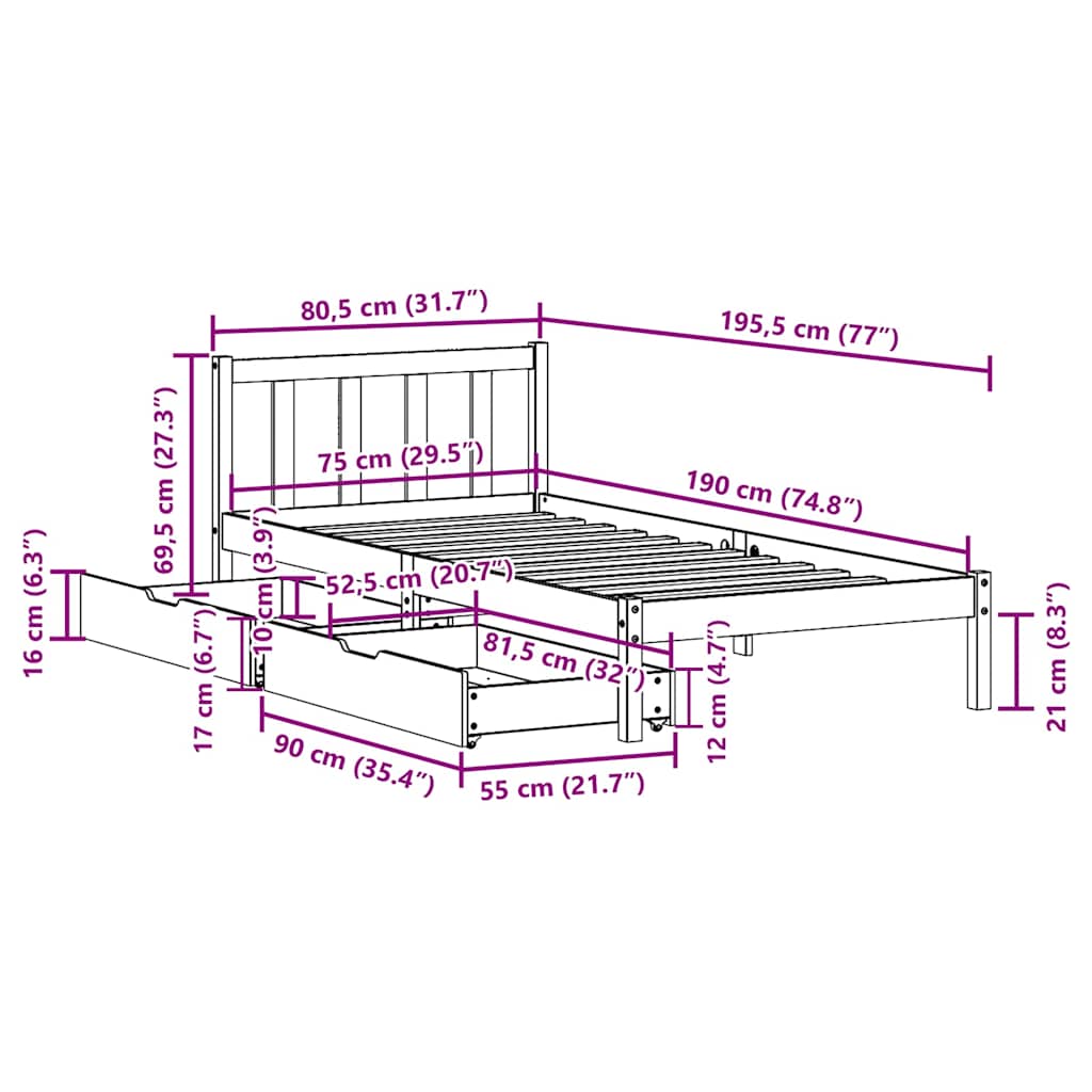 Massivholzbett ohne Matratze 75x190 cm Kiefernholz