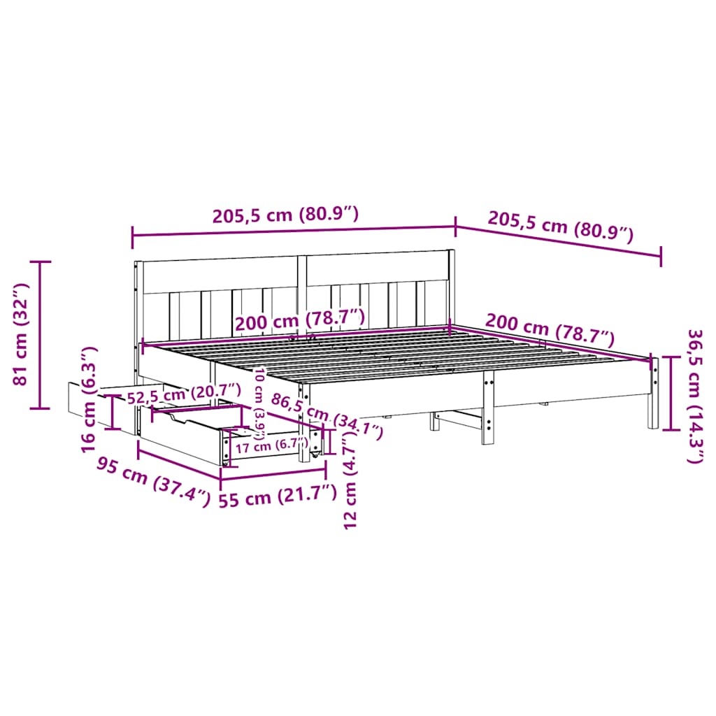 vidaXL Massivholzbett ohne Matratze 200x200 cm Kiefer