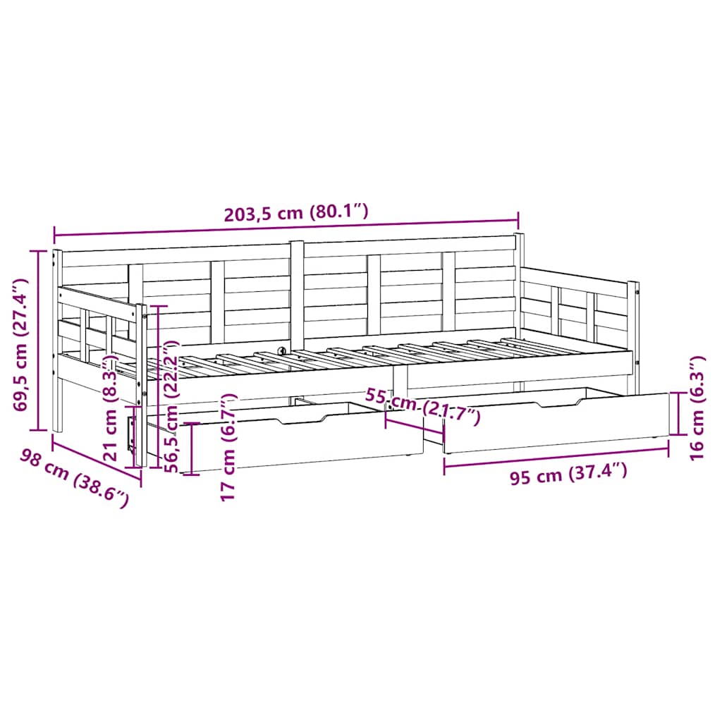 vidaXL Tagesbett mit Schubladen 90x200 cm Massivholz Kiefer