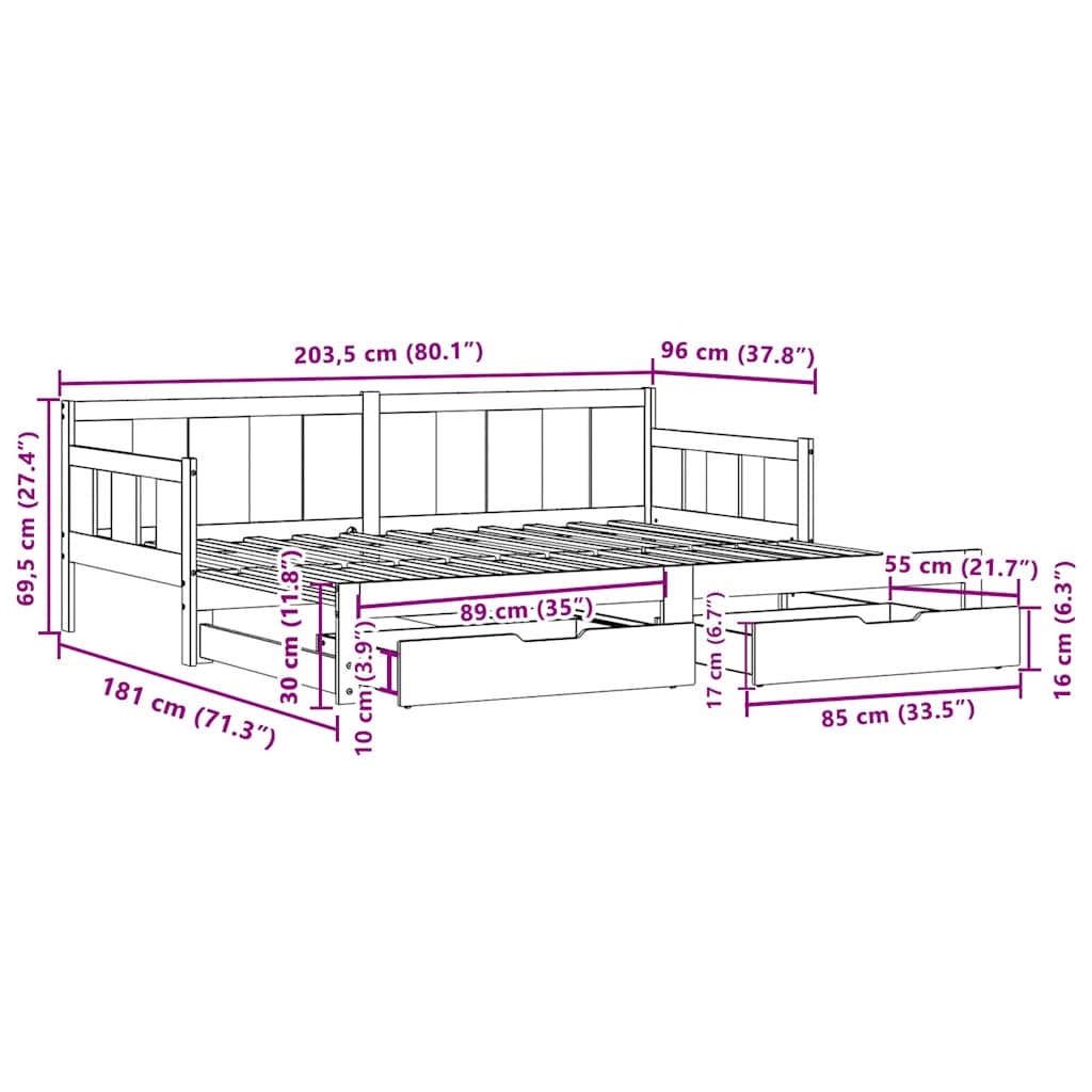 vidaXL Tagesbett Ausziehbar mit Schubladen ohne Matratze 90x200 cm