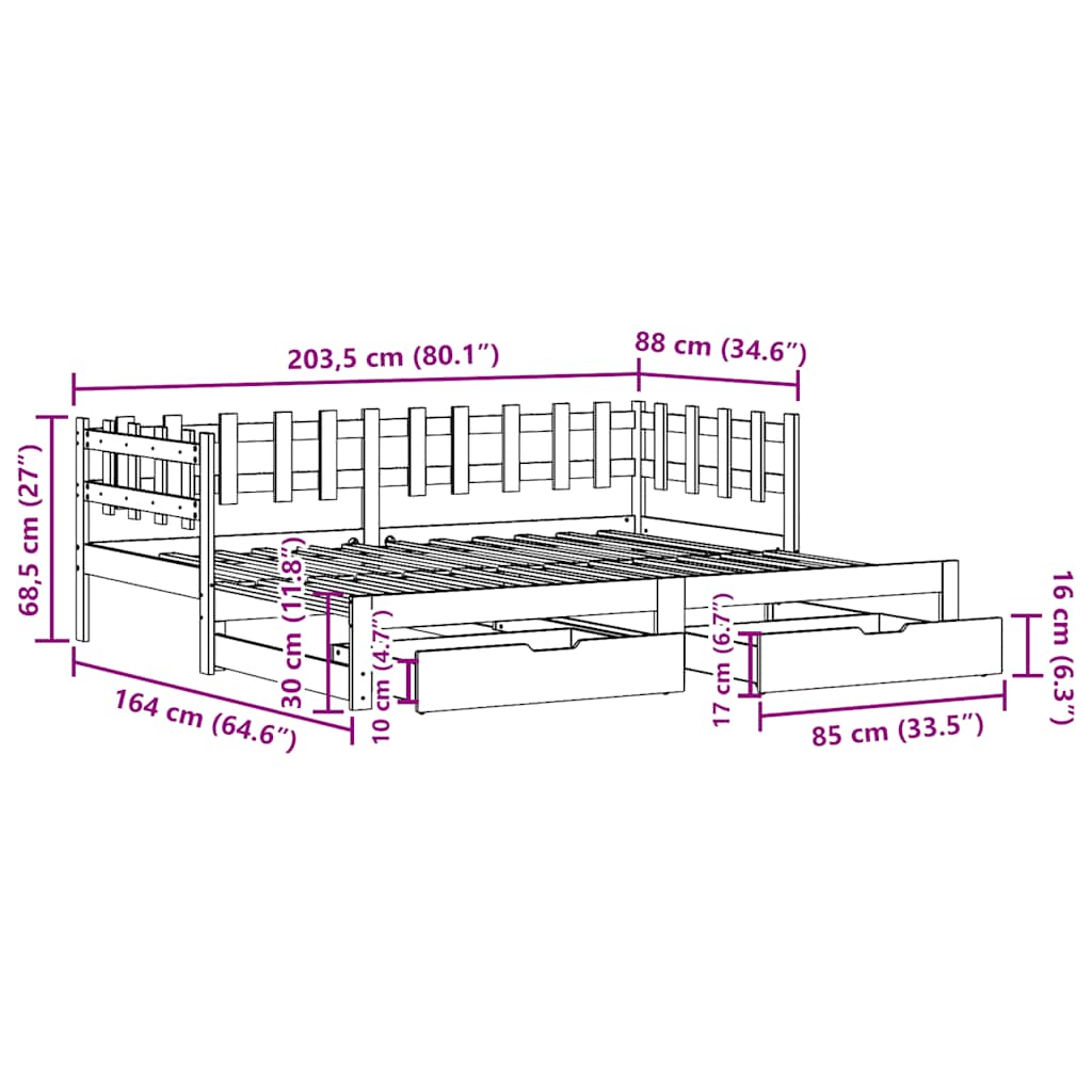 vidaXL Tagesbett Ausziehbar mit Schubladen ohne Matratze 80x200 cm