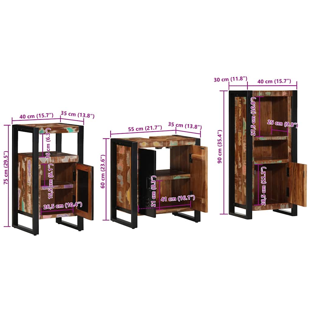 vidaXL Badezimmermöbel-Set mit Regal 3 pcs Massives upgecyceltes Holz