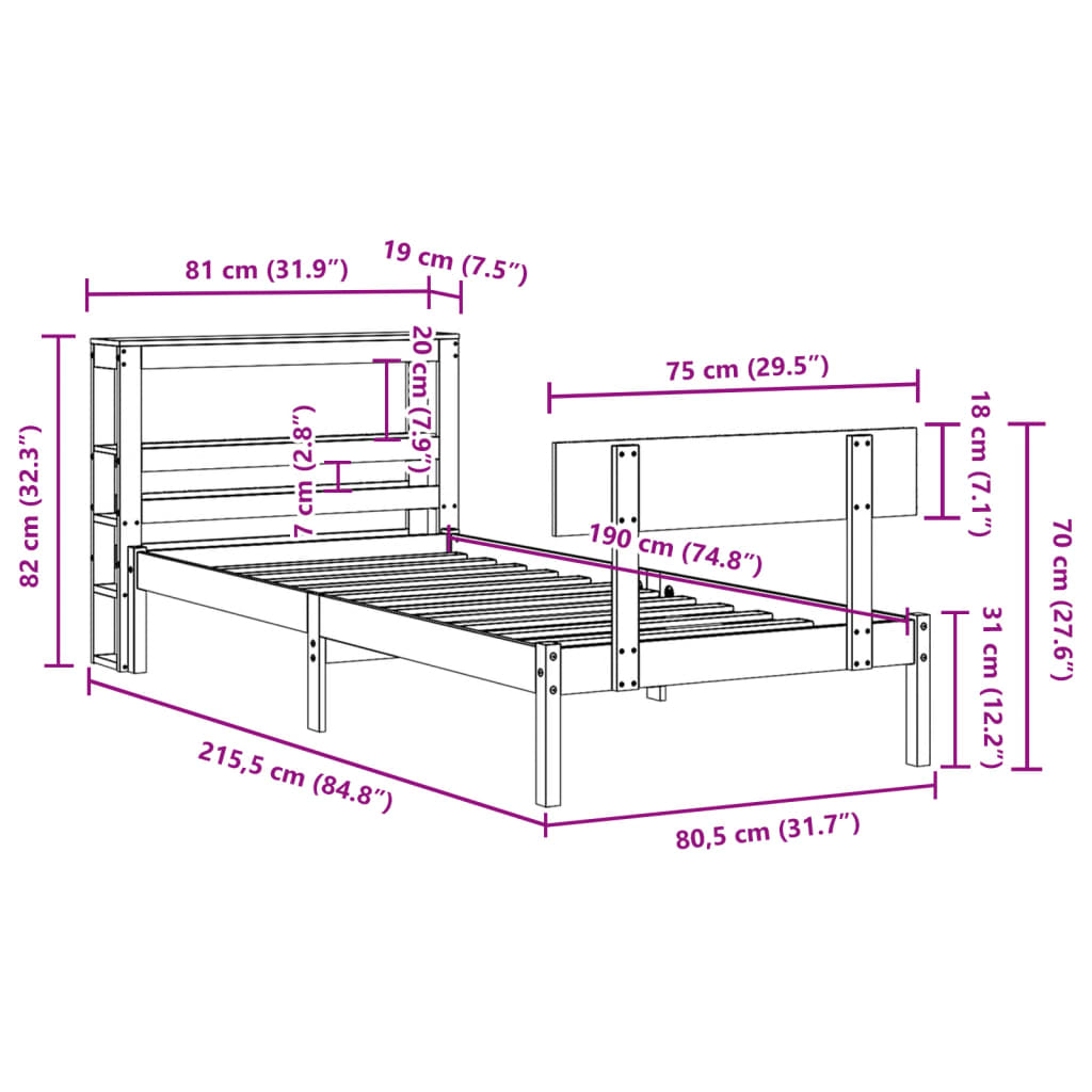 vidaXL Massivholzbett ohne Matratze Weiß 75x190 cm Kiefernholz