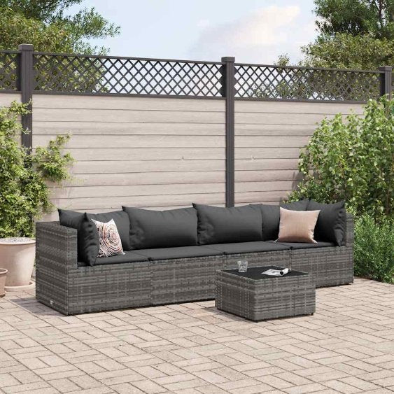 5-tlg. Garten-Lounge-Set mit Kissen Schwarz Poly Rattan