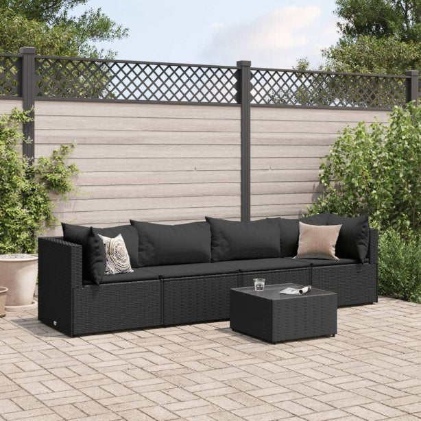 5-tlg. Garten-Lounge-Set mit Kissen Schwarz Poly Rattan