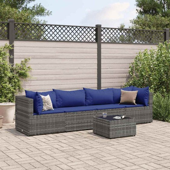 5-tlg. Garten-Lounge-Set mit Kissen Schwarz Poly Rattan