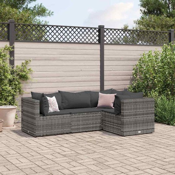 4-tlg. Garten-Lounge-Set mit Kissen Schwarz Poly Rattan
