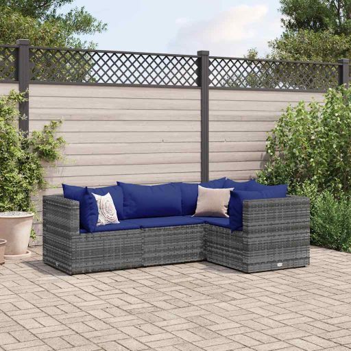 4-tlg. Garten-Lounge-Set mit Kissen Schwarz Poly Rattan