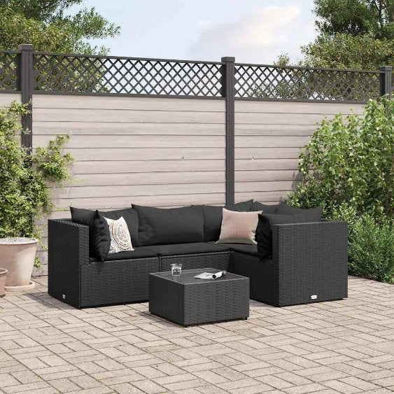4-tlg. Garten-Lounge-Set mit Kissen Schwarz Poly Rattan