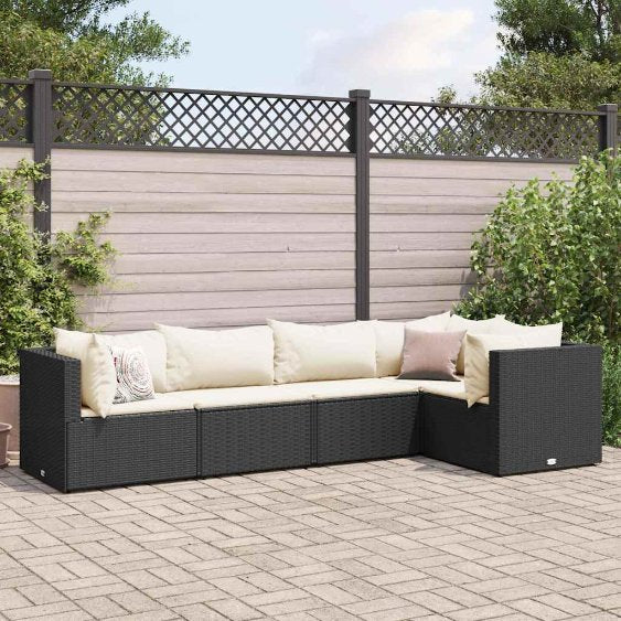 4-tlg. Garten-Lounge-Set mit Kissen Schwarz Poly Rattan