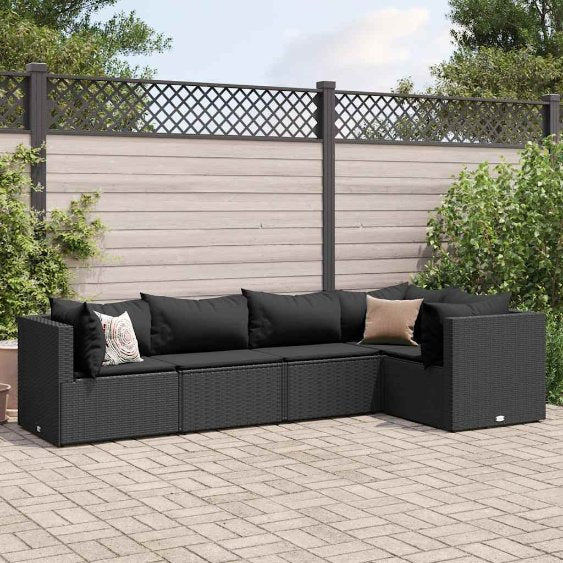 4-tlg. Garten-Lounge-Set mit Kissen Schwarz Poly Rattan