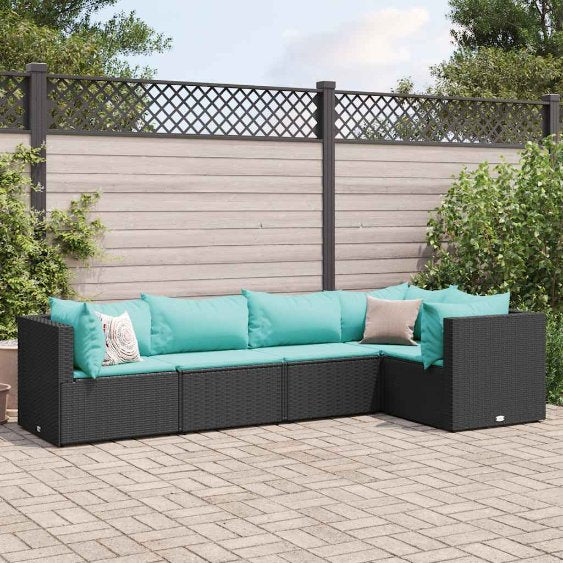 4-tlg. Garten-Lounge-Set mit Kissen Schwarz Poly Rattan