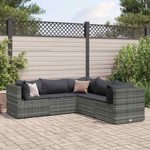 5-tlg. Garten-Lounge-Set mit Kissen Schwarz Poly Rattan