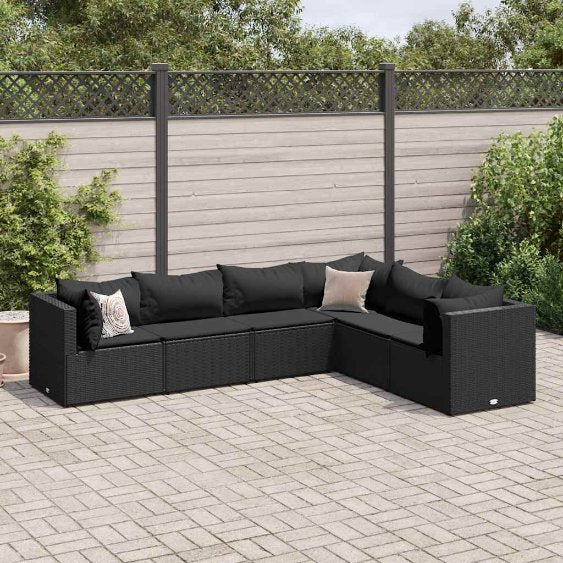 5-tlg. Garten-Lounge-Set mit Kissen Schwarz Poly Rattan