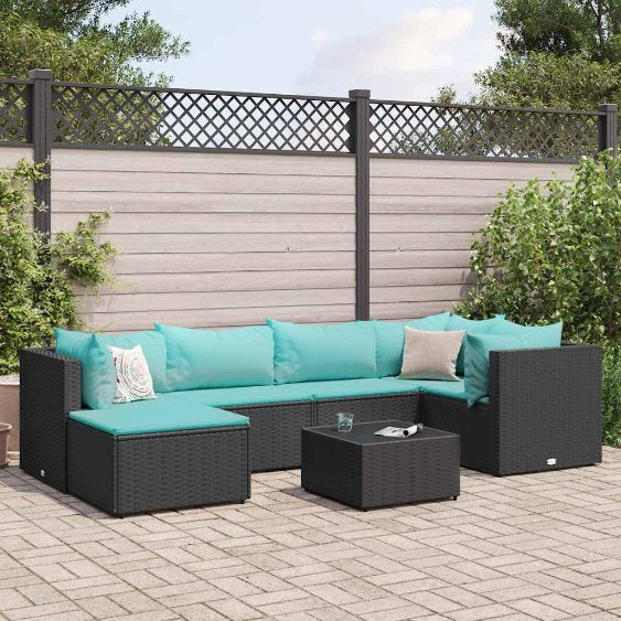 6-tlg. Garten-Lounge-Set mit Kissen Schwarz Poly Rattan