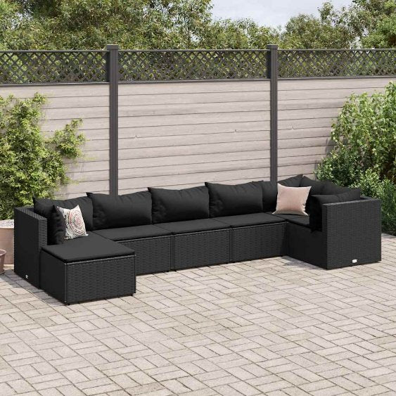 6-tlg. Garten-Lounge-Set mit Kissen Schwarz Poly Rattan