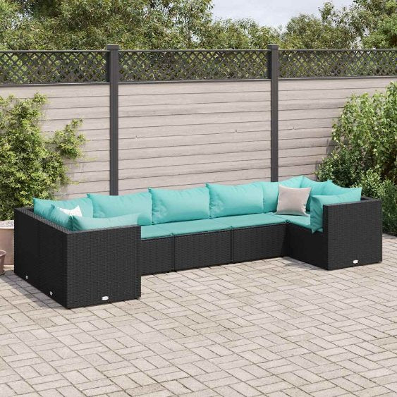 6-tlg. Garten-Lounge-Set mit Kissen Schwarz Poly Rattan