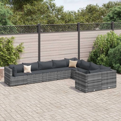 9-tlg. Garten-Sofagarnitur mit Kissen Schwarz Poly Rattan