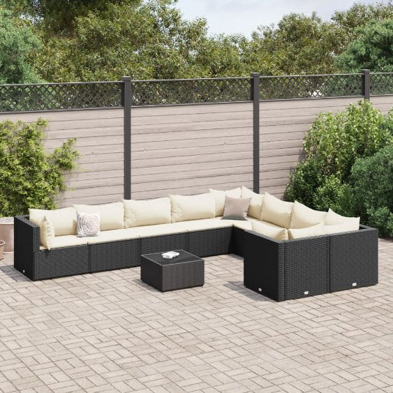9-tlg. Garten-Sofagarnitur mit Kissen Schwarz Poly Rattan