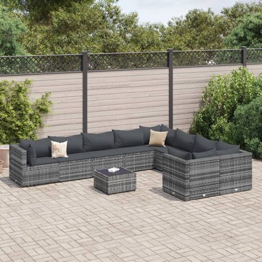 9-tlg. Garten-Sofagarnitur mit Kissen Schwarz Poly Rattan