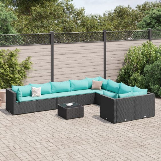 9-tlg. Garten-Sofagarnitur mit Kissen Schwarz Poly Rattan