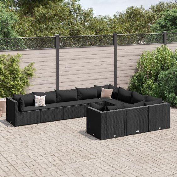 9-tlg. Garten-Sofagarnitur mit Kissen Schwarz Poly Rattan