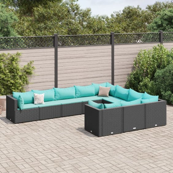 9-tlg. Garten-Sofagarnitur mit Kissen Schwarz Poly Rattan
