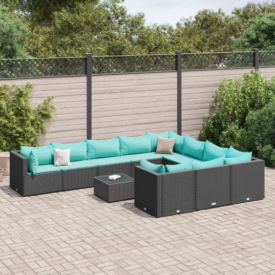 9-tlg. Garten-Sofagarnitur mit Kissen Schwarz Poly Rattan